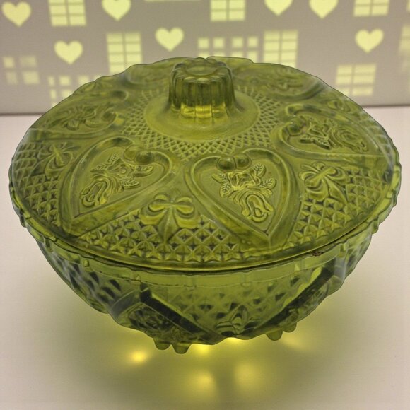 Green Depression Glass Lidded Candy Dish With Intricate Embossed Pattern - Picture 1 of 8